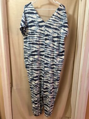 AnyBody Blue Tie Dye Romper Womens Large Smocked Stretch Lounge Casual Summer
